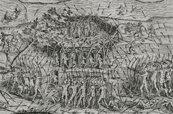 French troops under Samuel de Champlain (c. 1567-1635), fighting alongside allied native tribes during an attack on an Iroquois fort in 1609. Engraving. ""Les voyages du Sieur de Champlain, Xaintongenois, capitaine ordinaire pour le Roy, en la marine"". Paris, chez Jean Berjon, 1613. XVIIme siecle: lettres, sciences et arts, France 1590-1700 (17th century: letters, sciences and arts), by Paul Lacroix. Published in Paris by Librairie de Firmin-Didot et Cie, 1882.