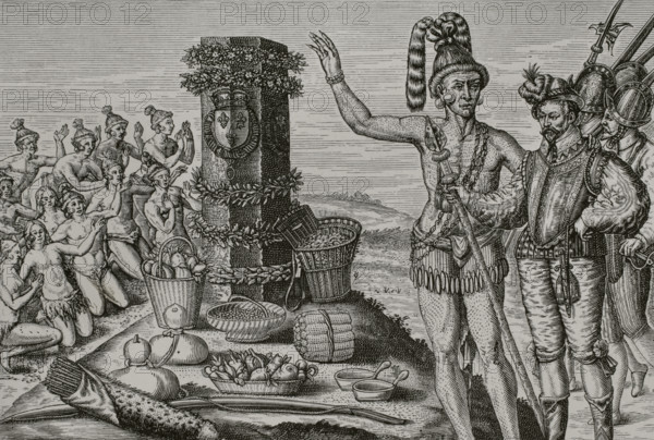 Second expedition of Rene de Goulaine de Laudonniere (c. 1510-1574) to Florida. June 1564. Athore, son of the chief of the Timucua Saturiwa, showing Laudonniere the stone column erected in 1562 by Jean Ribault (1520-1565) as a symbol of authority after the takeover of French Florida, with the coat of arms of France carved on it. Natives worshipping the column. Engraving by Theodor de Bry (1528-1578) after Jacques Le Moyne de Morgues (1533-1588), 1591. XVIIme siecle: lettres, sciences et arts, France 1590-1700 (17th century: letters, sciences and arts), by Paul Lacroix. Published in Paris by Librairie de Firmin-Didot et Cie, 1882.