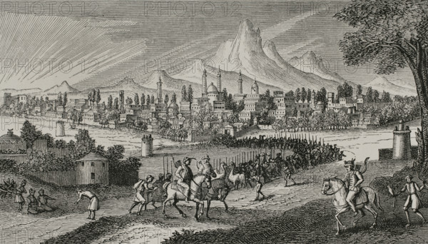 View of Isfahan, Persia, ca. 1673. Engraving. ""Voyages de monsieur le chevalier Chardin en Perse, et autres lieux de l’Orient"" (The Travels of Sir John Chardin), by French knight and explorer Jean Chardin (1643-1713). Printed edition in Amsterdam, chez Jean-Louis de Lorme, 1711. XVIIme siecle: lettres, sciences et arts, France 1590-1700 (17th century: letters, sciences and arts), by Paul Lacroix. Published in Paris by Librairie de Firmin-Didot et Cie, 1882.