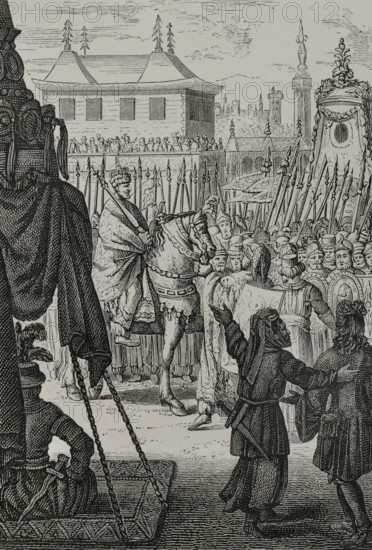 Illustration for the frontispiece of ""Voyages"" by French physician and traveller Francois Bernier (1620-1688). Stay in the East: twelve years in India at the court of Mughal emperor Aurangzeb (1618-1707). Engraving. Edition published in Amsterdam, 1679. XVIIme siecle: lettres, sciences et arts, France 1590-1700 (17th century: letters, sciences and arts), by Paul Lacroix. Published in Paris by Librairie de Firmin-Didot et Cie, 1882.