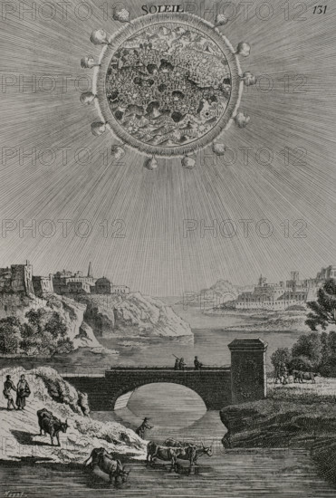 The Sun. Imaginary topography of the Sun. Engraving by Huyot after an illustration from ""Description de l'Univers"", work by the French geographer, cartographer and military engineer Alain Manesson Mallet (1630-1706). Published in Paris, Denis Thierry, 1683. XVIIme siecle: lettres, sciences et arts, France 1590-1700 (17th century: letters, sciences and arts), by Paul Lacroix. Published in Paris by Librairie de Firmin-Didot et Cie, 1882.