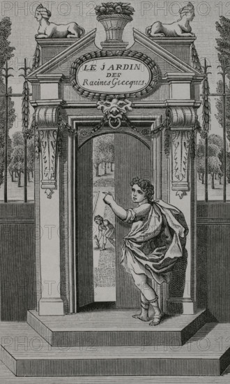 Illustration for the frontispiece of ""Le Jardin des racines grecques"" (The Garden of Greek Roots) by Claude Lancelot (c. 1615-1695). It consists of a treatise on prepositions and other indeclinable particles, and an alphabetical collection of French words of Greek origin. Engraving. Paris, Pierre Le Petit, 1657. XVIIme siecle: lettres, sciences et arts, France 1590-1700 (17th century: letters, sciences and arts), by Paul Lacroix. Published in Paris by Librairie de Firmin-Didot et Cie, 1882.