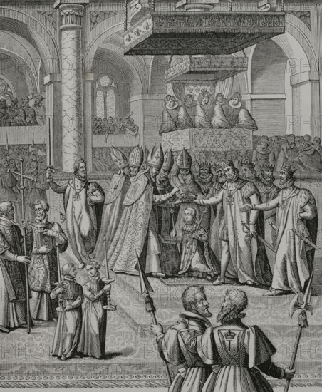Louis XIII ""the Just"" (1601-1643). King of France and Navarre (1610-1643). Coronation of Louis XIII in Reims Cathedral on 17 October 1610. Detail of an engraving by Pierre Firens (1580-1638) after Francois Quesnel (c. 1543-1619). Les Blasons des Armes de la Royale Maison de Bourbon by Gilles-Andre de La Roque (1598-1686). Paris, 1626. XVIIme siecle: lettres, sciences et arts, France 1590-1700 (17th century: letters, sciences and arts), by Paul Lacroix. Published in Paris by Librairie de Firmin-Didot et Cie, 1882.