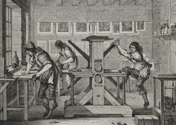 Workshop of an engraver. France. Engraving by Abraham Bosse (h. 1604-1676), 1642. XVIIme siecle: lettres, sciences et arts, France 1590-1700 (17th century: letters, sciences and arts), by Paul Lacroix. Published in Paris by Librairie de Firmin-Didot et Cie, 1882.