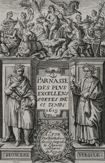 Le Parnasse des plus excellents poetes de ce temps"". Anthology of French poetry. Illustration for the frontispiece of volume I. At the top, Apollo is depicted surrounded by the nine muses. At the bottom, Homer (left) and Virgil (right) flank the cartouche. Lyon, Barthelemy Ancelin, 1618. Engraving by Leonard Gaultier (1561-1641). XVIIme siecle: lettres, sciences et arts, France 1590-1700 (17th century: letters, sciences and arts), by Paul Lacroix. Published in Paris by Librairie de Firmin-Didot et Cie, 1882.