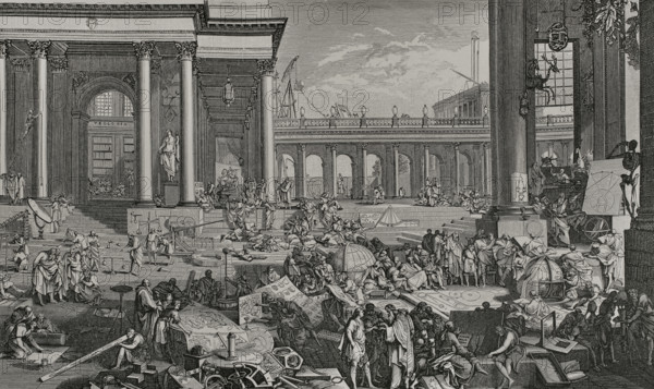 L'Academie des Sciences et Beaux-Arts (The Academy of Sciences and Fine Arts). Demonstrations of the arts and sciences in a classical courtyard. The Academie royale de peinture et de sculpture (The Royal Academy of Painting and Sculpture) (founded in 1648) and The Academie des sciences (French Academy of Sciences) (founded in 1666), in the Royal Palace of Paris, during the reign of Louis XIV. Engraving after Sebastien Leclerc (1637-1714). XVIIme siecle: lettres, sciences et arts, France 1590-1700 (17th century: letters, sciences and arts), by Paul Lacroix. Published in Paris by Librairie de Firmin-Didot et Cie, 1882.