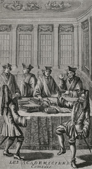 Les Academiciens"". Comedy in verse by French writer Charles de Saint-Evremond (1614-1703), composed between 1637 and 1638. Engraving from ""Oeuvres de Monsieur de Saint-Evremond"". Amsterdam, Pierre Mortier, 1706. XVIIme siecle: lettres, sciences et arts, France 1590-1700 (17th century: letters, sciences and arts), by Paul Lacroix. Published in Paris by Librairie de Firmin-Didot et Cie, 1882.