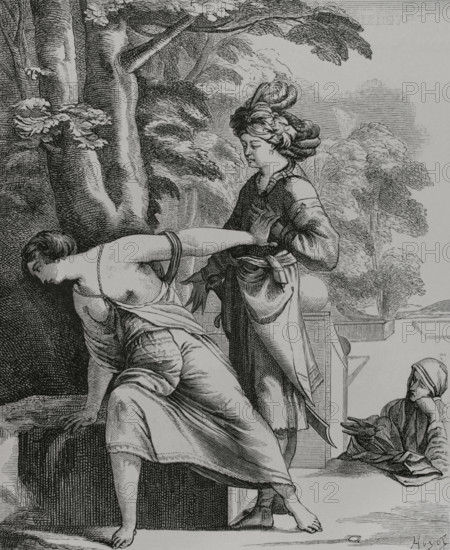 Panthee"". Tragedy in five acts in verse by French playwright Tristan L'Hermite (1601-1655). It was created during the winter of 1637 to 1638 at the Theatre du Marais in Paris and printed in 1639. Araspe declaring his passion to Panthee. Engraving by Huyot after a painting by Laurent de La Hyre (1606-1656), for the frontispiece of the tragedy, engraved by Pierre Daret (1604-1678). Paris, chez Augustin Courbe, 1639. XVIIme siecle: lettres, sciences et arts, France 1590-1700 (17th century: letters, sciences and arts), by Paul Lacroix. Published in Paris by Librairie de Firmin-Didot et Cie, 1882.