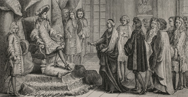 Members of the Academie Francaise (French Academy) presenting King Louis XIV (1638-1715) with the first complete edition of the Dictionnaire de l'Academie francaise (Dictionary of the French Academy) on 24 August 1694. It was the first official dictionary of the French language. Engraving by Jean Mariette (1660-1742) after Jean-Baptiste Corneille (1649-1695). XVIIme siecle: lettres, sciences et arts, France 1590-1700 (17th century: letters, sciences and arts), by Paul Lacroix. Published in Paris by Librairie de Firmin-Didot et Cie, 1882.
