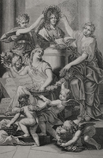 Illustration for the frontispiece of the Dictionnaire de l'Academie francaise (Dictionary of the French Academy), the first official dictionary of the French language, completed by the French Academy in 1694. King Louis XIV (1638-1715) is crowned with a garland while the ""Dictionary of the French Academy"" is celebrated with flowers by three women aided by genii. Engraving by Huyot after the drawing of Jean-Baptiste Corneille (1649-1695), engraved by Jean Mariette (1660-1742) and Gerard Edelinck (1640-1707). XVIIme siecle: lettres, sciences et arts, France 1590-1700 (17th century: letters, sciences and arts), by Paul Lacroix. Published in Paris by Librairie de Firmin-Didot et Cie, 1882.
