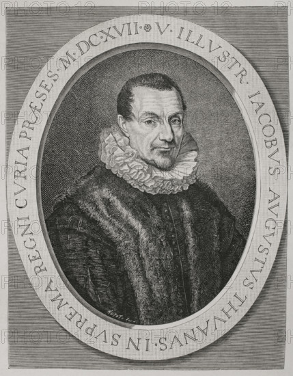 Jacques Auguste de Thou (1553-1617). French Latinist, poet, historian, bibliophile, and high-ranking judge. Engraving by Huyot based on a portrait by Ferdinand Elle (c. 1580-1637/1640), engraved by Jean Morin (c. 1605-1650). XVIIme siecle: lettres, sciences et arts, France 1590-1700 (17th century: letters, sciences and arts), by Paul Lacroix. Published in Paris by Librairie de Firmin-Didot et Cie, 1882.