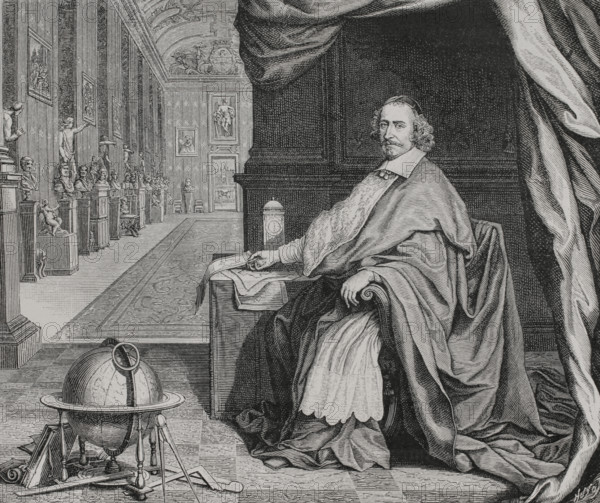 Cardinal Mazarin (Giulio Raimondo Mazzarino) (1602-1661). Italian diplomat, cardinal and politician who served Kings Louis XIII and Louis XIV of France. Portrait of Cardinal Mazarin in his palace, 1659. Engraving by Huyot after Francois Chauveau (1613-1676) and Robert Nanteuil (1623-1678). XVIIme siecle: lettres, sciences et arts, France 1590-1700 (17th century: letters, sciences and arts), by Paul Lacroix. Published in Paris by Librairie de Firmin-Didot et Cie, 1882.