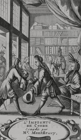 L'Impromptu de l'Hotel de Conde"". Comedy by French playwright Antoine Jacob (1639-1685), known as Montfleury. It premiered on the evening of 11 December 1663 at the Hotel de Conde, in the presence of the royal family. Cleante and the Marquis greet each other in a bookshop. Engraving by Huyot after a scene from ""Les Oeuvres de Monsieur de Montfleury"". The Hague, 1735. XVIIme siecle: lettres, sciences et arts, France 1590-1700 (17th century: letters, sciences and arts), by Paul Lacroix. Published in Paris by Librairie de Firmin-Didot et Cie, 1882.
