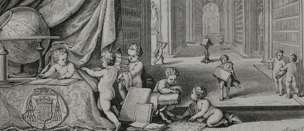 Bibliotheca Telleriana, sive Catalogus librorum bibliothecae illustrissimi ac reverendissimi D.D. Caroli Marutii le Tellier, archiepiscopi ducis Remensis. Library of Charles Maurice Le Tellier (1642-1710), Archbishop of Reims. Engraving by Huyot after Sebastien Leclerc (1637-1714). Paris, 1693. XVIIme siecle: lettres, sciences et arts, France 1590-1700 (17th century: letters, sciences and arts), by Paul Lacroix. Published in Paris by Librairie de Firmin-Didot et Cie, 1882.