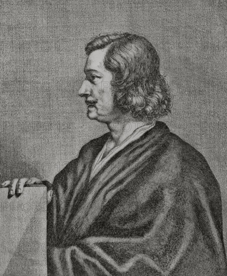 Nicolas Poussin (1594-1665). French painter. Portrait of Poussin after an etching by Louis Ferdinand the Elder (1612-1689). Engraving. XVIIme siecle: lettres, sciences et arts, France 1590-1700 (17th century: letters, sciences and arts), by Paul Lacroix. Published in Paris by Librairie de Firmin-Didot et Cie, 1882.