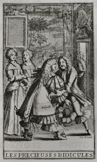 Les Precieuses ridicules"" (The Ridiculous Precieuses). One-act comedy written in prose by Moliere (1622-1673). It premiered in Paris on 18 November 1659 at the Theatre du Petit-Bourbon. Frontispiece of the edition of ""Oeuvres de Moliere"" published in Paris in 1682. Scene from the play. Engraving. XVIIme siecle: lettres, sciences et arts, France 1590-1700 (17th century: letters, sciences and arts), by Paul Lacroix. Published in Paris by Librairie de Firmin-Didot et Cie, 1882.