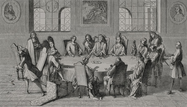 Card game. Game of lansquenet at court during the reign of Louis XIV of France (1643-1715). Engraving by Sebastien Leclerc (1637-1714). XVIIme siecle: lettres, sciences et arts, France 1590-1700 (17th century: letters, sciences and arts), by Paul Lacroix. Published in Paris by Librairie de Firmin-Didot et Cie, 1882.