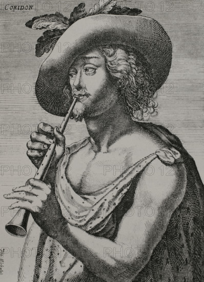 Herder Corydon. Engraving by Le Blond. XVIIme siecle: lettres, sciences et arts, France 1590-1700 (17th century: letters, sciences and arts), by Paul Lacroix. Published in Paris by Librairie de Firmin-Didot et Cie, 1882.