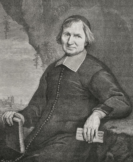 Antoine Arnauld (1612-1694). French priest, theologian, philosopher and mathematician, one of the leading intellectuals of the Jansenist group of Port-Royal. Portrait. Engraving by Huyot after a painting by Jean Baptiste de Champaigne (1631-1681), engraved by Gerard Edelinck (1640-1707). XVIIme siecle: lettres, sciences et arts, France 1590-1700 (17th century: letters, sciences and arts), by Paul Lacroix. Published in Paris by Librairie de Firmin-Didot et Cie, 1882.