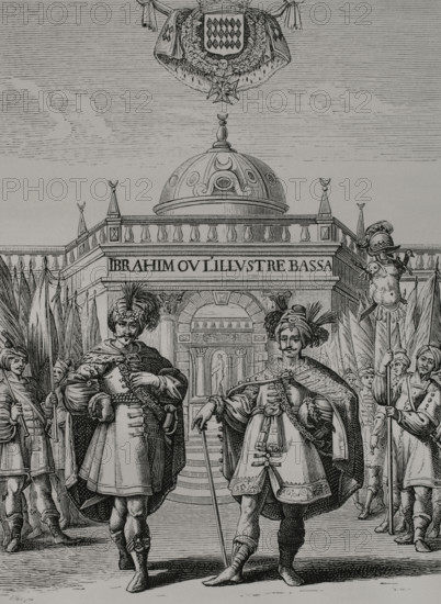 Ibrahim ou l'illustre Bassa"" (Ibrahim or the Illustrious Bassa). Illustration from the frontispiece of the tragicomedy written by French author Madeleine de Scudery (1607-1701) in 1641, although published under her brother Georges' name. Engraving by Huyot after Jean Matheus (1590-1672). Paris, chez Toussaint Quinet, 1645. XVIIme siecle: lettres, sciences et arts, France 1590-1700 (17th century: letters, sciences and arts), by Paul Lacroix. Published in Paris by Librairie de Firmin-Didot et Cie, 1882.