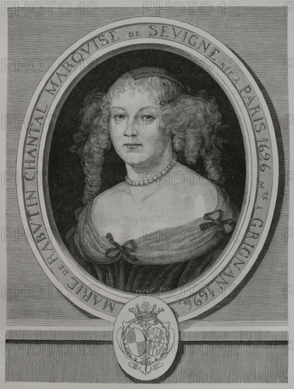 Madame de Sevigne (Marie de Rabutin-Chantal) (1626-1696), Marchioness de Sevigne. French epistolary writer. Portrait. Engraving by Huyot after a painting by Robert Nanteuil (1623-1678) in 1666, engraved by Emile-Alfred Rousseaux (1831-1874). XVIIme siecle: lettres, sciences et arts, France 1590-1700 (17th century: letters, sciences and arts), by Paul Lacroix. Published in Paris by Librairie de Firmin-Didot et Cie, 1882.