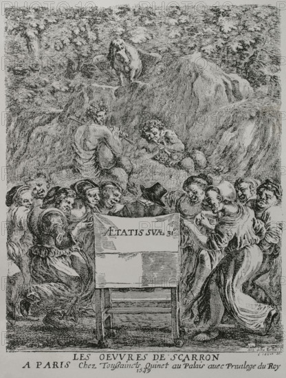 Paul Scarron (1610-1660). French satirical writer. ""Les Oeuvres de Scarron"" (The Works of Scarron), ""La relation veritable de tout ce qui s'est passe en l'autre monde, au combat des parques et des poetes, sur la mort de Voiture et autres pieces burlesques"". Illustration for the frontispiece. Scarron sitting in a chair, seen from behind, with women on either side depicting caricatures of the nine muses. At the top, Pan, Bacchus, and Pegasus in a representation of Mount Helicon. Engraving by Stefano della Bella (1610-1664). Paris, chez Toussaint Quinet, 1649. XVIIme siecle: lettres, sciences et arts, France 1590-1700 (17th century: letters, sciences and arts), by Paul Lacroix. Published in Paris by Librairie de Firmin-Didot et Cie, 1882.