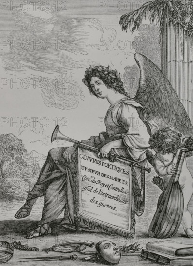Illustration for the frontispiece of ""Oeuvres poetiques"" by French playwright and poet Jean Desmarets de Saint-Sorlin (1595-1676). Engraving by de la Belle. H. Le Gras, Paris, 1641. XVIIme siecle: lettres, sciences et arts, France 1590-1700 (17th century: letters, sciences and arts), by Paul Lacroix. Published in Paris by Librairie de Firmin-Didot et Cie, 1882.
