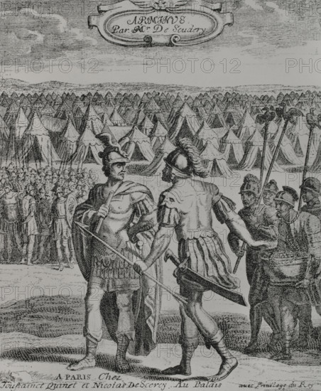 Arminius, ou les Freres ennemis"" (Arminius, or the Enemy Brothers). Tragicomedy in verse written by French poet and playwright Georges de Scudery (1601-1667). Published in 1644, it is inspired by the story of Arminius (or Hermann the Cheruscan), a Germanic chieftain who inflicted a crushing defeat on the Romans at the Battle of Teutoburg (9 AD). Arminius' life was marked by internal conflicts and the struggle against the Roman invaders. Engraving for the work, published in Paris, Toussaint Quinet, 1644. XVIIme siecle: lettres, sciences et arts, France 1590-1700 (17th century: letters, sciences and arts), by Paul Lacroix. Published in Paris by Librairie de Firmin-Didot et Cie, 1882.