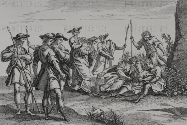 L’Amynte du Tasse, pastoralle traduction nouvelle avec les figures. Pastoral drama in Italian, written by the poet Torquato Tasso (1544-1595) in 1573. It tells the story of the shepherd Amintas' love for the nymph Silvia, which is unrequited because she is devoted to the goddess Diana. Edition translated into French by Abbe Antoine de Torche (1631-1675). Paris, chez Toussaint Quinet, 1638. Engraving by Huyot based on a scene from the play. XVIIme siecle: lettres, sciences et arts, France 1590-1700 (17th century: letters, sciences and arts), by Paul Lacroix. Published in Paris by Librairie de Firmin-Didot et Cie, 1882.