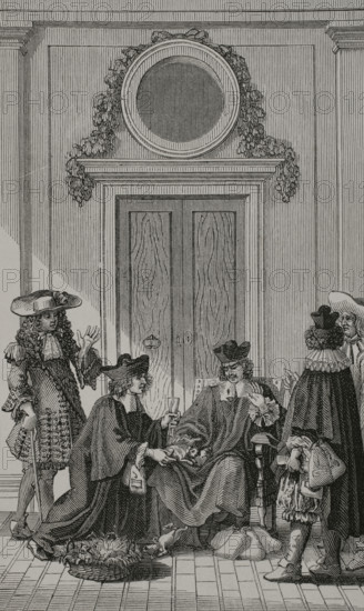 The Litigants"" (Les Plaideurs). Comedy in three acts written by French playwright Jean Racine (1639-1699). It premiered in 1668 at the Hotel de Bourgogne in Paris and published in 1669. Illustration by Francois Chauveau (1613-1676) for the first edition of the Works of Jean Racine (1639-1699). Engraving. Paris, Jean Ribou, 1676. XVIIme siecle: lettres, sciences et arts, France 1590-1700 (17th century: letters, sciences and arts), by Paul Lacroix. Published in Paris by Librairie de Firmin-Didot et Cie, 1882.