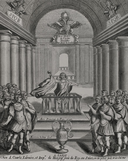 La mort de Cesar"" (The Death of Caesar). Tragedy written by French poet and playwright Georges de Scudery (1601-1667). First performed at the Hotel de Bourgogne in Paris in 1636. The scene takes place in the Roman Senate. In the foreground, Caesar's cremains are contained in an urn. Mark Antony (Marcus Antonius) shows and brandishes Julius Caesar's bloodstained tunic during his speech to the Roman senators. Illustration for the frontispiece of the original edition. Engraving by Michel van Lochom (1601-1647). Paris, chez Augustin Courbe, 1637. XVIIme siecle: lettres, sciences et arts, France 1590-1700 (17th century: letters, sciences and arts), by Paul Lacroix. Published in Paris by Librairie de Firmin-Didot et Cie, 1882.