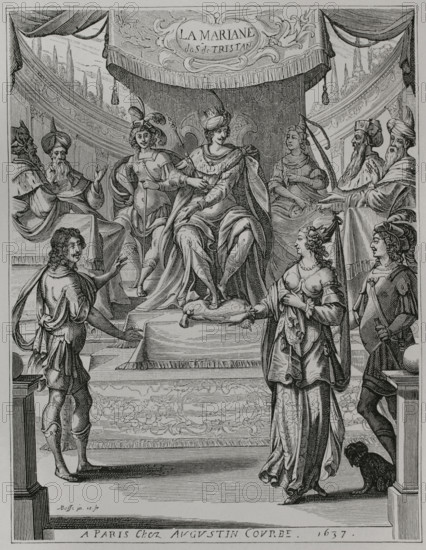 La Mariane"". Tragedy in verse in five acts composed by French playwright Tristan L'Hermite (1601-1655). It premiered in the spring of 1636 at the Theatre du Marais in Paris and was published on 15 February 1637. Illustration for the frontispiece of the play. Mariane (Mariamne I) standing on the right before Herod and his court at top center, accused of poisoning her husband. Engraving by Abraham Bosse (c. 1604-1676). Paris, chez Augustin Courbe, 1637. XVIIme siecle: lettres, sciences et arts, France 1590-1700 (17th century: letters, sciences and arts), by Paul Lacroix. Published in Paris by Librairie de Firmin-Didot et Cie, 1882.
