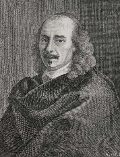 Pierre Corneille (1606-1684). French poet and playwright. Portrait. Engraving by Huyot after a painting by Charles Le Brun (1619-1690), engraved by Thomassin. XVIIme siecle: lettres, sciences et arts, France 1590-1700 (17th century: letters, sciences and arts), by Paul Lacroix. Published in Paris by Librairie de Firmin-Didot et Cie, 1882.