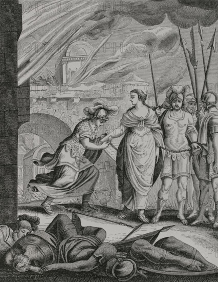 La belle esclave"" (The Beautiful Slave). Illustration for the frontispiece of the tragicomedy written by the French playwright and poet Claude de L'Estoile (1602-1652). Paris, chez Pierre Moreau, 1643. Engraving by Jean-Baptiste Humbelot (c. 1600-1685). XVIIme siecle: lettres, sciences et arts, France 1590-1700 (17th century: letters, sciences and arts), by Paul Lacroix. Published in Paris by Librairie de Firmin-Didot et Cie, 1882.