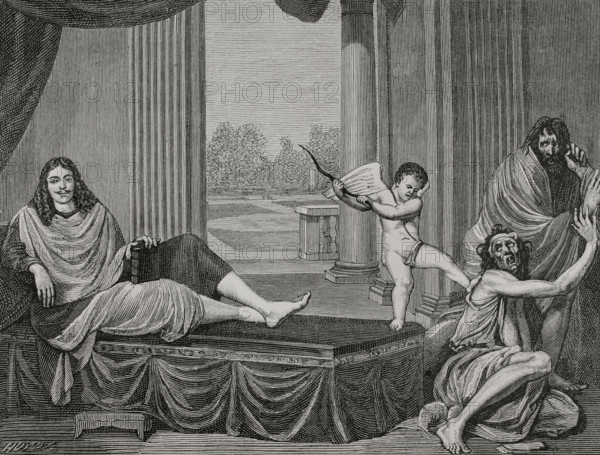Moliere evoking the genie of comedy to punish vice and unmask hypocrisy. Engraving by Huyot based on a painting discovered in Paris by the architect M. du Seigneur, attributed to Mignard or Lebrun. It was destroyed by fire on 24 May 1871. XVIIme siecle: lettres, sciences et arts, France 1590-1700 (17th century: letters, sciences and arts), by Paul Lacroix. Published in Paris by Librairie de Firmin-Didot et Cie, 1882.