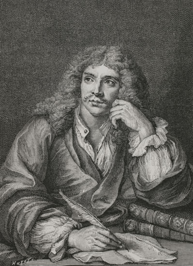 Moliere (Jean-Baptiste Poquelin) (1622-1673). French playwright, actor, and poet. Portrait. Engraving by Huyot after a painting by Charles-Antoine Coypel (1694-1752), engraved by Lepicie. XVIIme siecle: lettres, sciences et arts, France 1590-1700 (17th century: letters, sciences and arts), by Paul Lacroix. Published in Paris by Librairie de Firmin-Didot et Cie, 1882.