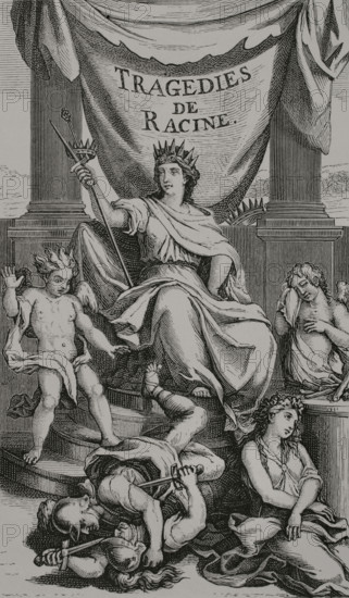 Tragedies de Racine. Illustration for the frontispiece of the first edition of the Works of Jean Racine (1639-1699); Paris, Jean Ribou, 1676. Drawing by Charles Le Brun (1619-1690), engraving by Sebastien Leclerc (1637-1714). XVIIme siecle: lettres, sciences et arts, France 1590-1700 (17th century: letters, sciences and arts), by Paul Lacroix. Published in Paris by Librairie de Firmin-Didot et Cie, 1882.