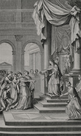 Esther"". Tragedy written in 1689 by French poet and dramatist Jean Racine (1639-1699). It consists of three acts in verse. It premiered on 26 January 1689 in Saint-Cyr (France). Scene from ""Esther"". Engraving by Sebastien Leclerc (1637-1714). Paris, Denis Thierry, 1689. XVIIme siecle: lettres, sciences et arts, France 1590-1700 (17th century: letters, sciences and arts), by Paul Lacroix. Published in Paris by Librairie de Firmin-Didot et Cie, 1882.