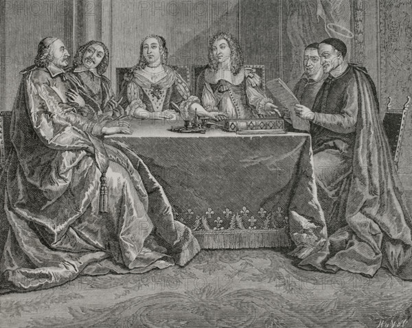 Anne of Austria (1601-1666). Queen consort of France and Navarre (1615-1643) by her marriage to King Louis XIII of France. Queen regent from 1643 to 1651. Regency Council of Anne of Austria. The Conseil de Conscience: Vincent de Paul reading before Cardinal Mazarin, Pierre Seguier, Jacques Charton, Queen Anne of Austria and King Louis XIV, 1650. Engraving by Huyot based on the painting by French artist Jean-Francois de Troy (1679-1752), engraved by Scotin. XVIIme siecle: lettres, sciences et arts, France 1590-1700 (17th century: letters, sciences and arts), by Paul Lacroix. Published in Paris by Librairie de Firmin-Didot et Cie, 1882.