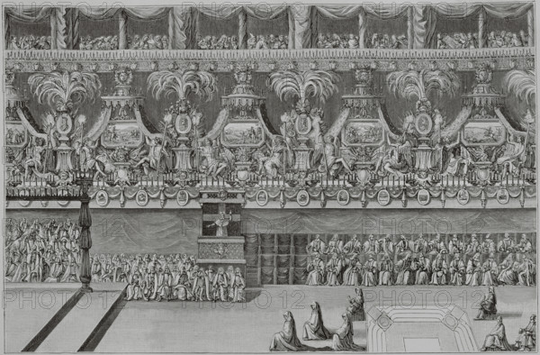 France. Funeral in memory of Louis II de Bourbon, Prince of Conde (1621-1686), known as le Grand Conde. It was held in Notre-Dame on 10 March 1687. Bossuet giving funeral sermon for Louis de Bourbon. Drawing by Jean Berain (1640-1711), engraved by Jean Dolivar (1641-1692). XVIIme siecle: lettres, sciences et arts, France 1590-1700 (17th century: letters, sciences and arts), by Paul Lacroix. Published in Paris by Librairie de Firmin-Didot et Cie, 1882.