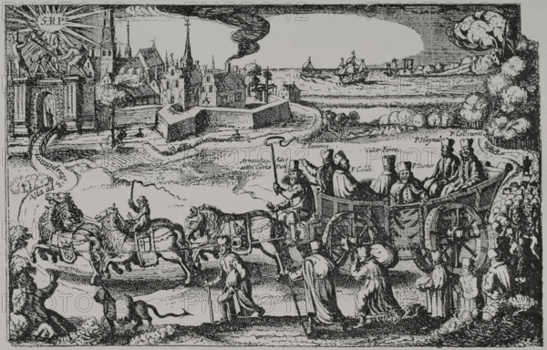 France. Anonymous allegorical engraving relating to the expulsion of the Jesuits, following Antoine Arnauld's plea before the University of Paris. Antoine Arnauld is seated on the carriage. On 12 July 1594, a trial began before the Parlement of Paris. It pitted the University of Paris, together with the city's parish priests, against the Society of Jesus. Antoine Arnauld acted as the University's lawyer, charging the Jesuits of having provoked the French Wars of Religion in order to favour Spain. XVIIme siecle: lettres, sciences et arts, France 1590-1700 (17th century: letters, sciences and arts), by Paul Lacroix. Published in Paris by Librairie de Firmin-Didot et Cie, 1882.