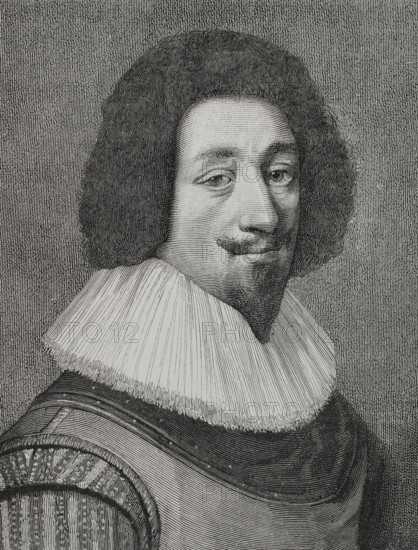 Francois de L'Aubespine (1586-1670), Marquis de Hauterive. French military officer who served in the armies of the States of Holland and later the Kingdom of France. Lieutenant general des armees du roi. Governor of Breda. Portrait. Engraving by Huyot. XVIIme siecle: lettres, sciences et arts, France 1590-1700 (17th century: letters, sciences and arts), by Paul Lacroix. Published in Paris by Librairie de Firmin-Didot et Cie, 1882.