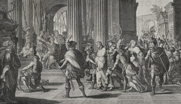 Milan. Saint Gervase and Saint Protase brought before the Roman general Astasius for professing their Christian faith, refusing to make pagan sacrifices to Jupiter. Engraving by Huyot based on a painting by French artist Eustache Le Sueur (1616-1655). XVIIme siecle: lettres, sciences et arts, France 1590-1700 (17th century: letters, sciences and arts), by Paul Lacroix. Published in Paris by Librairie de Firmin-Didot et Cie, 1882.