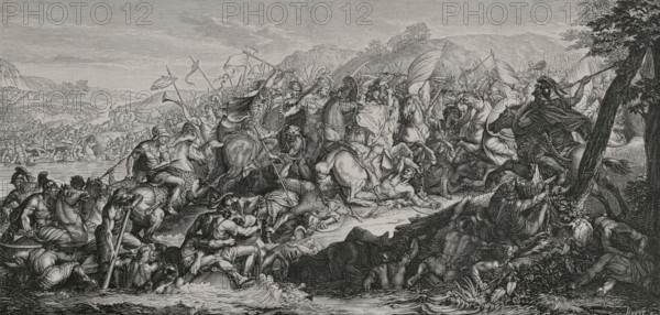 Battle of the Granicus (May 334 BC). The Macedonian King Alexander the Great defeated the Persians. Engraving by Huyot based on a painting by Charles Le Brun (1619-1690).