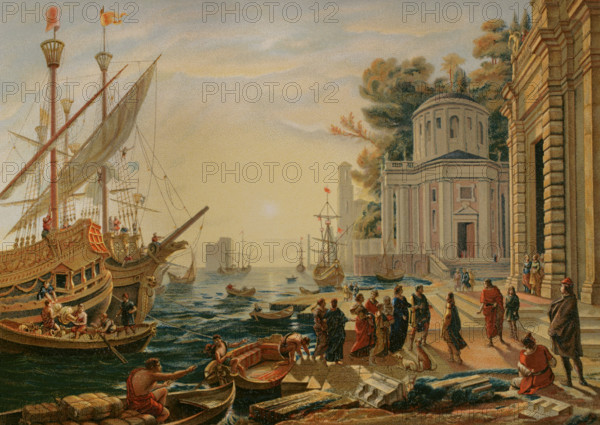 The Disembarkation of Cleopatra at Tarsus. In 41 BC, Mark Antony (83 BC-30 BC) summoned Cleopatra, Queen of Egypt, to the Cilician city of Tarsus to negotiate a political and military alliance, which later led to a personal union. Lithograph by Urrabieta based on a painting by French painter Claude Lorrain (Claude Gellee) (c. 1600-1682), 1642–1643. Chromolithography. XVIIme siecle: lettres, sciences et arts, France 1590-1700 (17th century: letters, sciences and arts), by Paul Lacroix. Published in Paris by Librairie de Firmin-Didot et Cie, 1882.