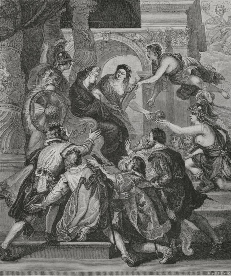 The Proclamation of the Regency"". Engraving by Huyot based on a detail from one of Peter Paul Rubens' (1577-1640) paintings from Marie de' Medici Cycle, produced between 1600 and 1625. Following the assassination of King Henry IV on 14 May 1610, Queen Consort Marie de Medici (1575-1642) assumed the regency of France. The scene depicts the queen dressed in mourning, seated on the throne and assuming power as she receives a fleury globe as an emblem. Minerva (Wisdom) and Prudence advise her. Divine Providence offers her the helm, as a symbol of authority. The nobles of the kingdom swear allegiance to her. XVIIme siecle: lettres, sciences et arts, France 1590-1700 (17th century: letters, sciences and arts), by Paul Lacroix. Published in Paris by Librairie de Firmin-Didot et Cie, 1882.