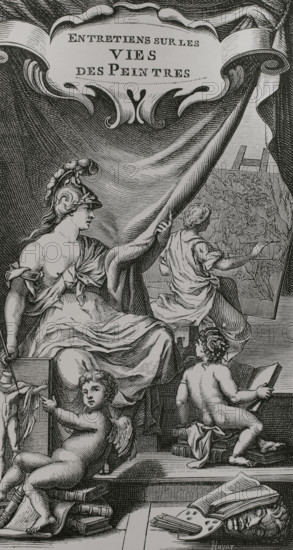 Entretiens sur les vies et sur les ouvrages des plus excellens peintres anciens et modernes"" (Conversations on the lives and works of the most excellent ancient and modern painters), by French architect Andre Felibien (1619-1695). The work was published in several volumes between 1666 and 1688. Engraving by Huyot based on a frontispiece. Edition of 1725. Trevoux, Imprimerie de S.A.S. XVIIme siecle: lettres, sciences et arts, France 1590-1700 (17th century: letters, sciences and arts), by Paul Lacroix. Published in Paris by Librairie de Firmin-Didot et Cie, 1882.