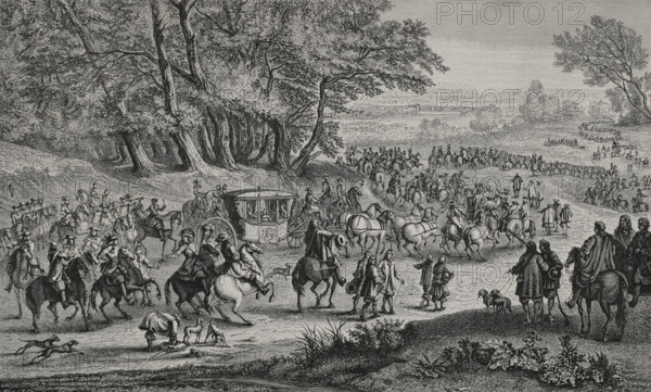 France. The queen moving to Fontainebleau accompanied by her guards. Engraving by Huyot after Adam Frans van der Meulen (1632-1690) and Adrien Francois Baudouin (Adriaen Frans Boudewijns) (1644-1719), prior to 1685. XVIIme siecle: lettres, sciences et arts, France 1590-1700 (17th century: letters, sciences and arts), by Paul Lacroix. Published in Paris by Librairie de Firmin-Didot et Cie, 1882.