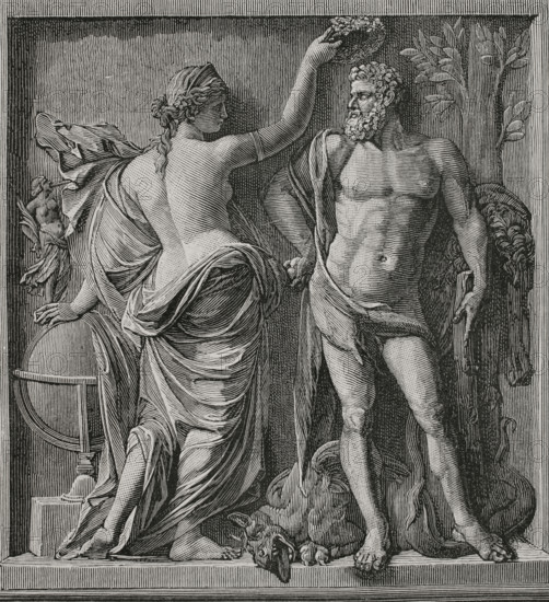 Hercules crowned by Glory. Engraving based on the piece presented in 1671 to the French Academy by the French sculptor of Dutch origin, Martin Desjardins (Martin van den Bogaert) (1637-1694). Hercules triumphant, leaning on his club and wearing the skin of the Nemean lion, tramples on the remains of the Lernaean Hydra. XVIIme siecle: lettres, sciences et arts, France 1590-1700 (17th century: letters, sciences and arts), by Paul Lacroix. Published in Paris by Librairie de Firmin-Didot et Cie, 1882.