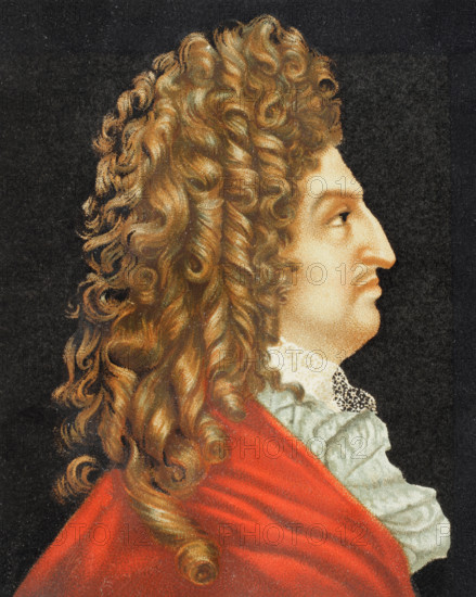 Louis XIV, known as ""the Sun King"" (1638-1715). King of France (1643-1715). Portrait. Lithograph by Urrabieta based on a painting by French artist Antoine Benoist (1632-1717), 1706. Chromolithography. XVIIme siecle: lettres, sciences et arts, France 1590-1700 (17th century: letters, sciences and arts), by Paul Lacroix. Published in Paris by Librairie de Firmin-Didot et Cie, 1882.